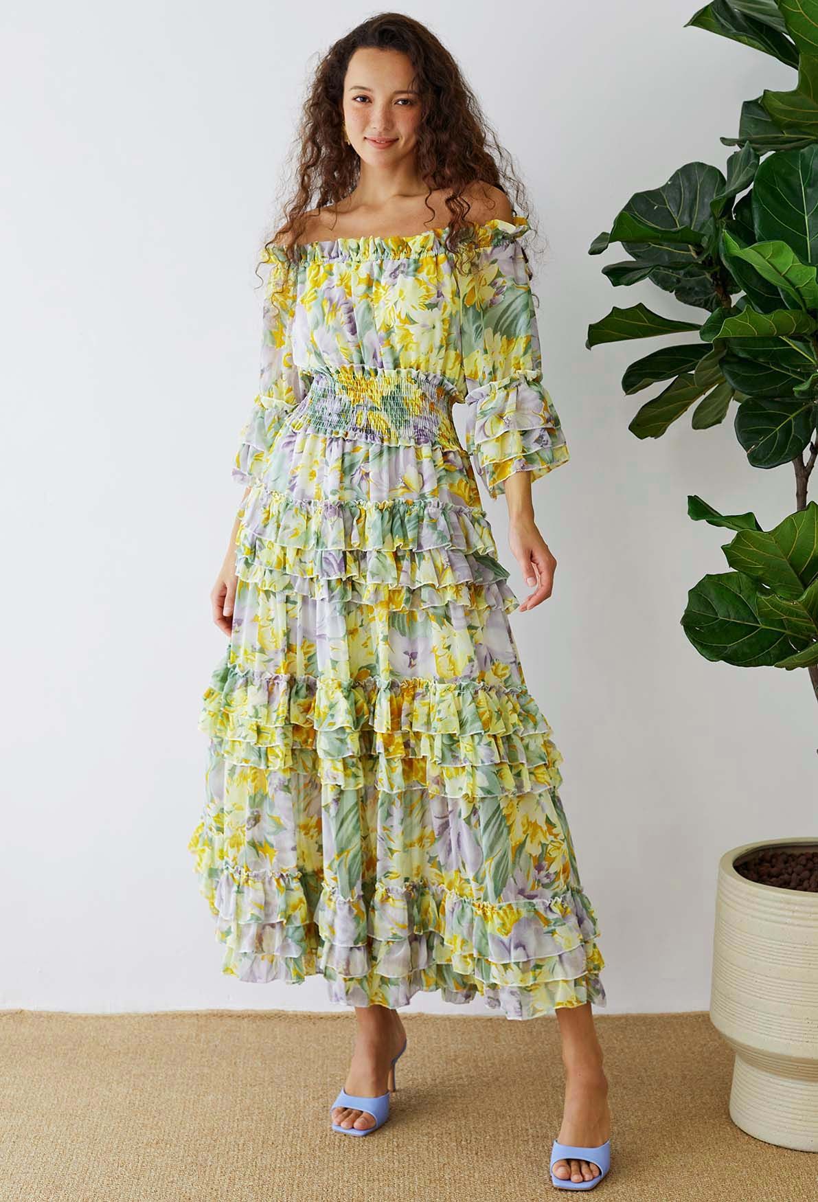 Tiered Ruffle Floral Off-Shoulder Chiffon Maxi Dress in Yellow