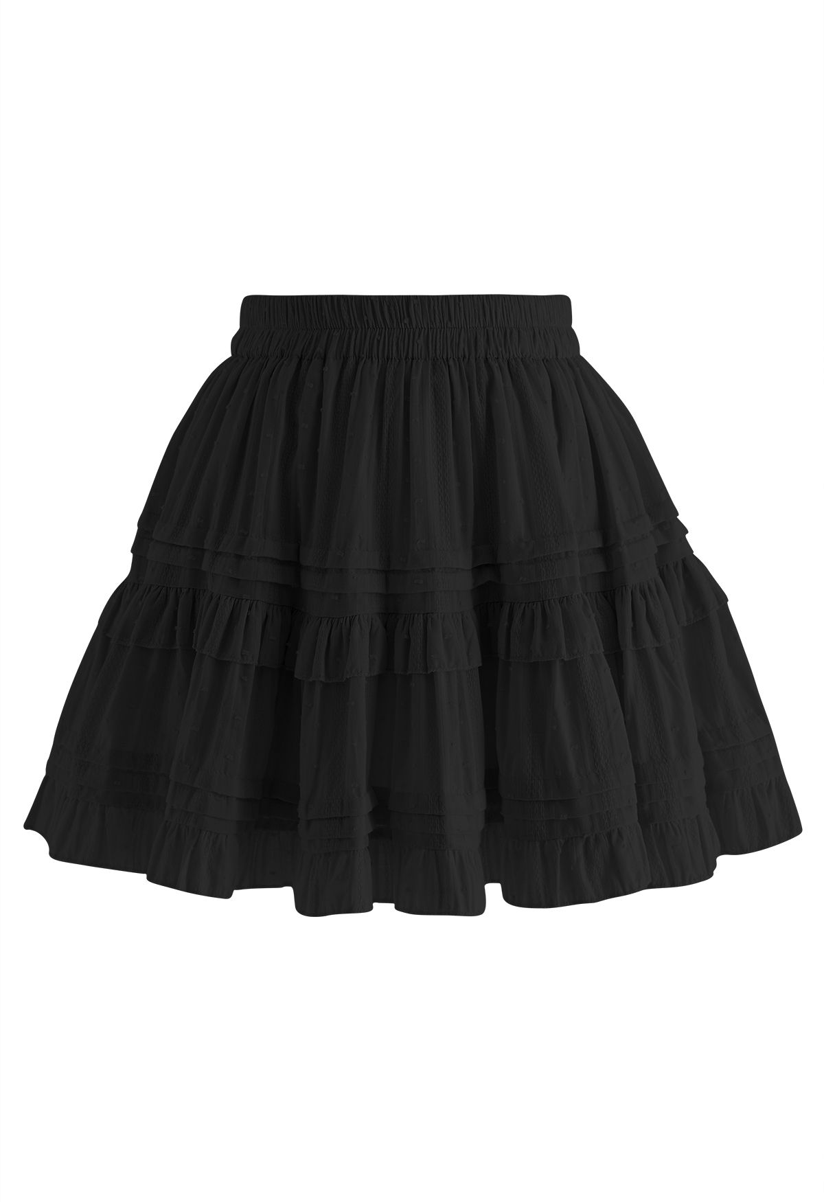 Flock Dot Tiered Ruffle Mini Skirt in Black