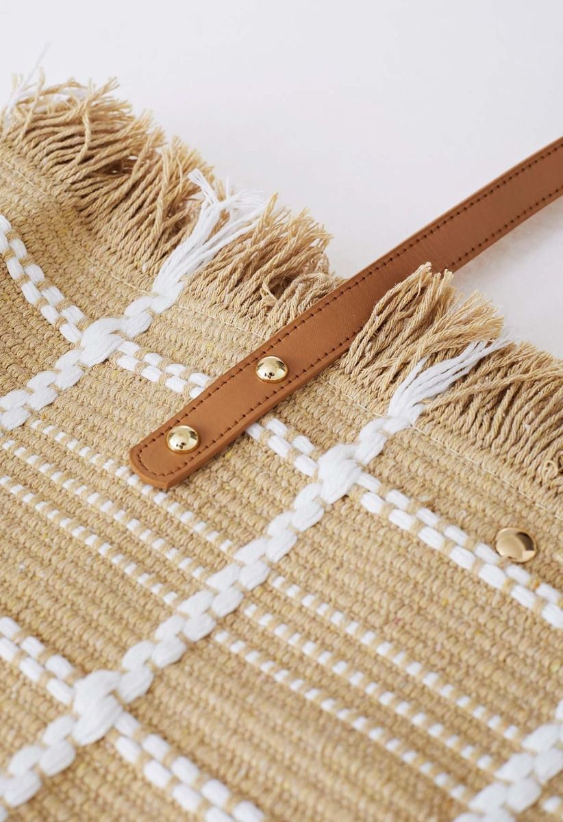 Tassel Trim Canvas Tote Bag in Grid