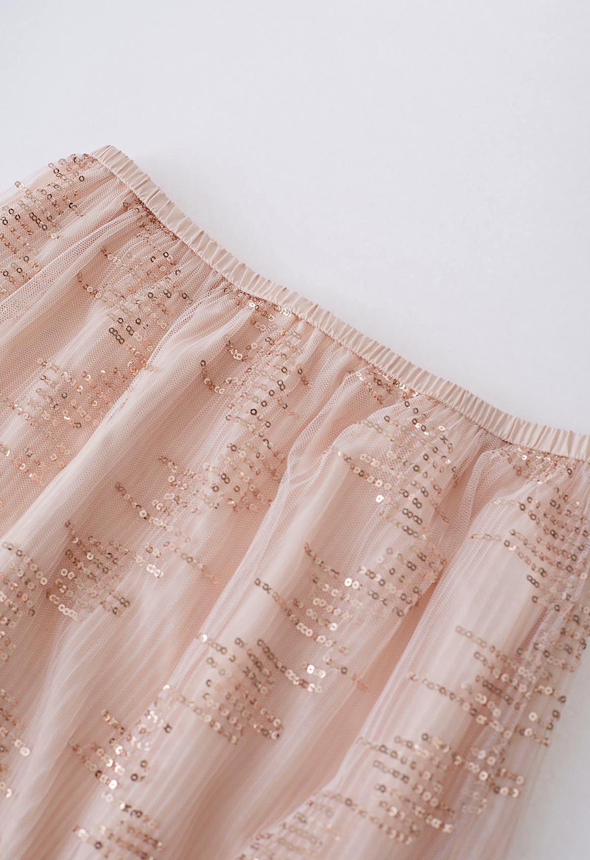 Sequin Embellished Mesh Maxi Skirt in Blush