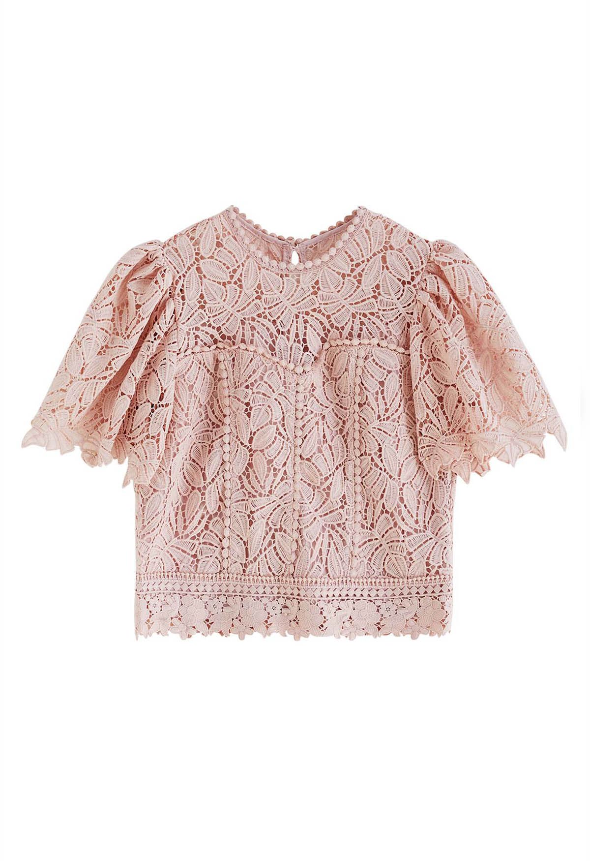 Leaf Cutwork Crochet Puff Sleeve Top in Pink - Retro, Indie and