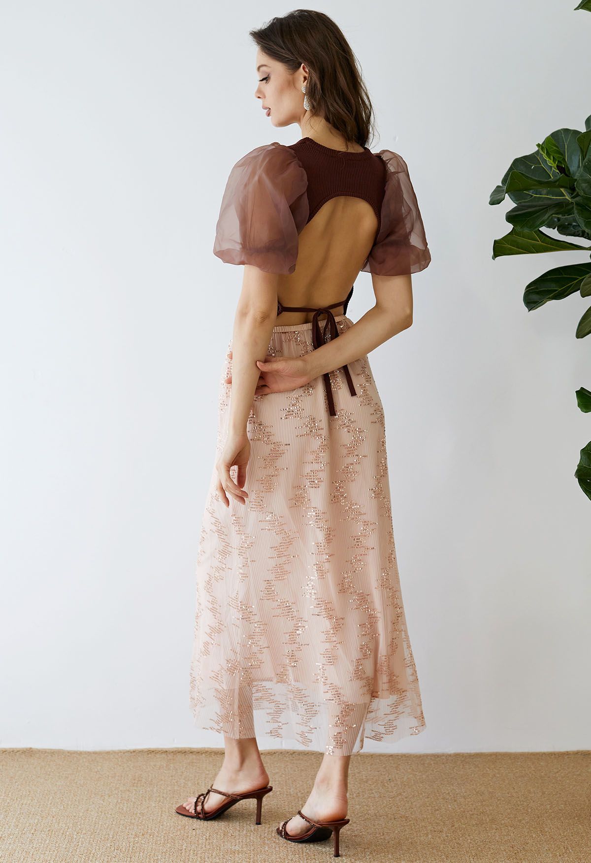 Sequin Embellished Mesh Maxi Skirt in Blush