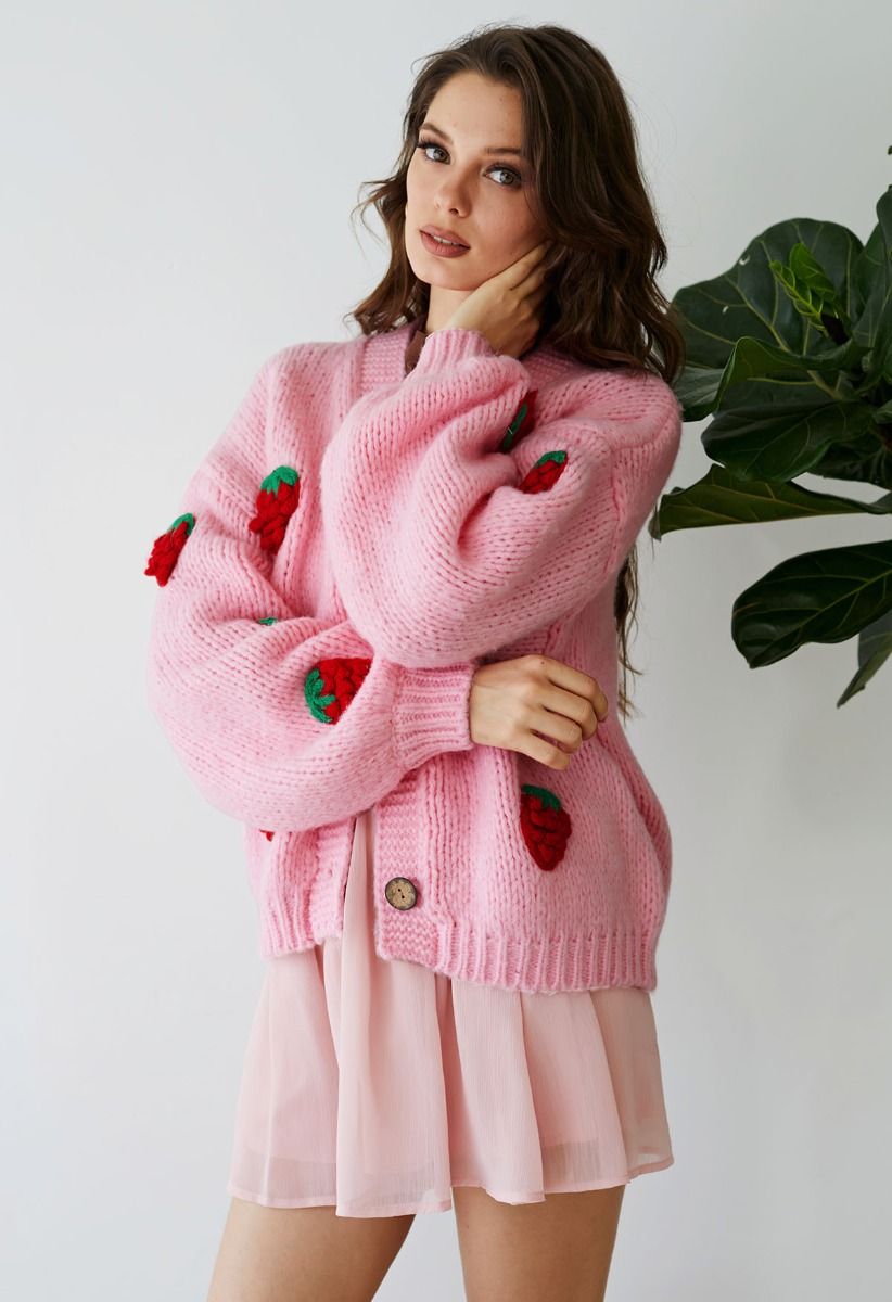 Stitch Strawberry Button Up Hand Knit Cardigan in Candy Pink