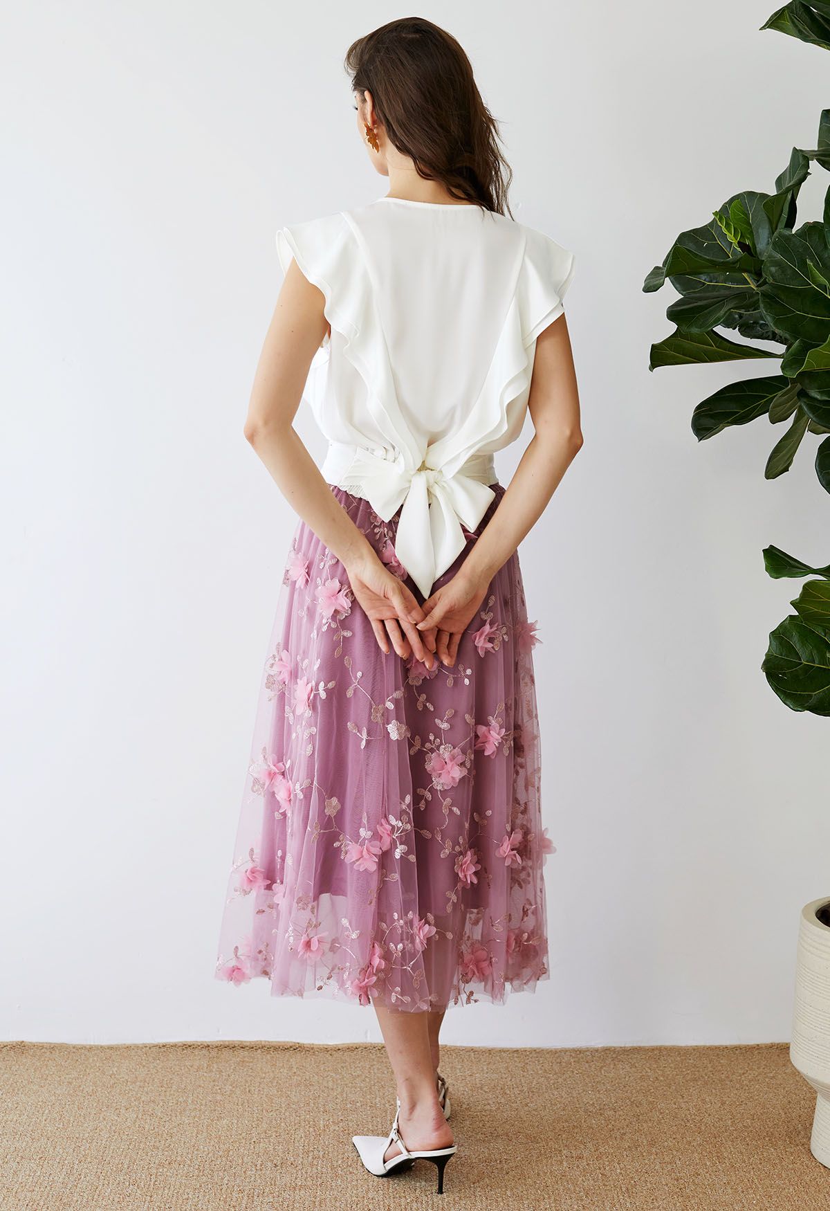 3D Mesh Flower Embroidered Tulle Midi Skirt in Lilac