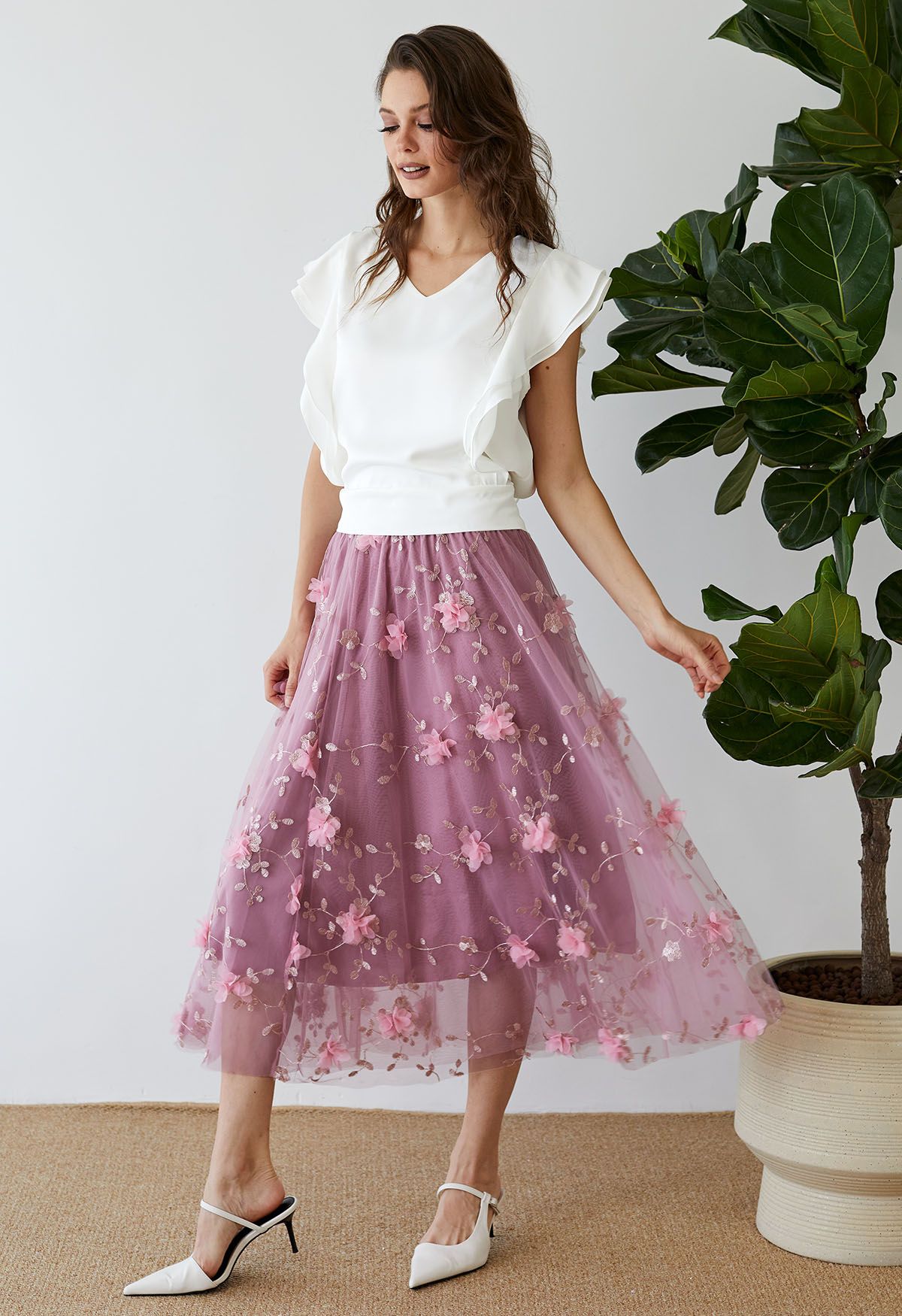 3D Mesh Flower Embroidered Tulle Midi Skirt in Lilac