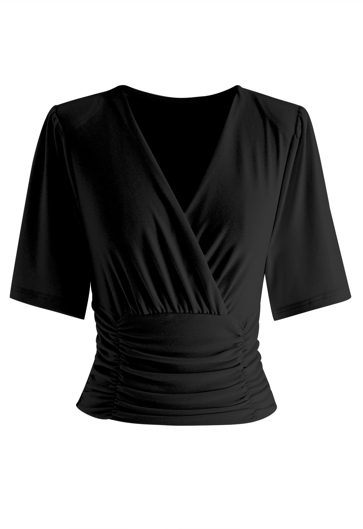 Ruched Waist Faux-Wrap Top in Black