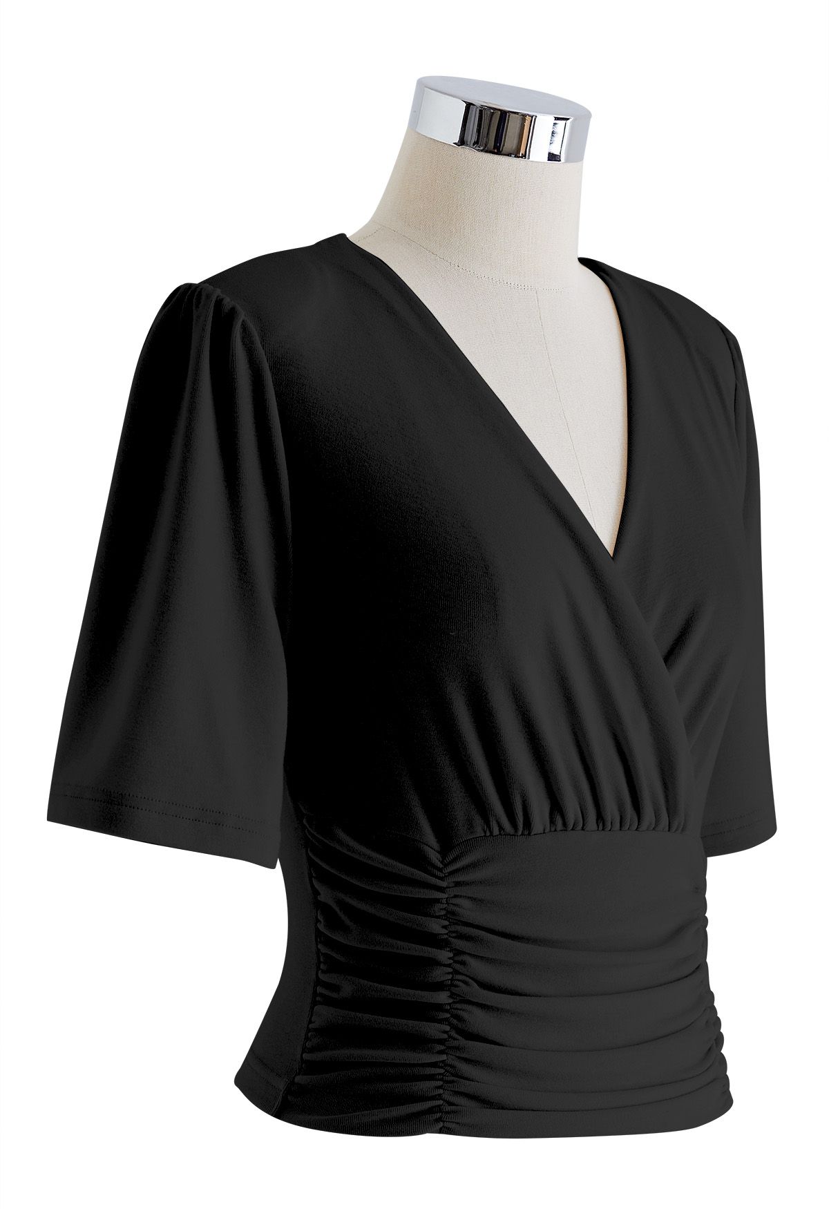Ruched Waist Faux-Wrap Top in Black