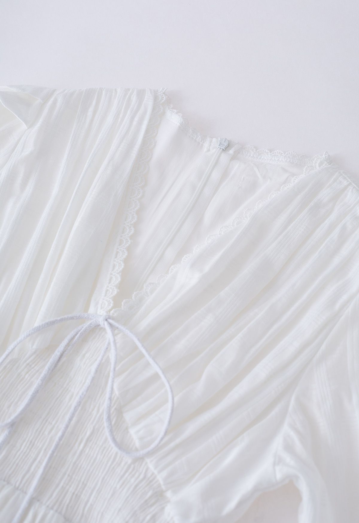 Scalloped V-Neck Checked Midi Dress in White