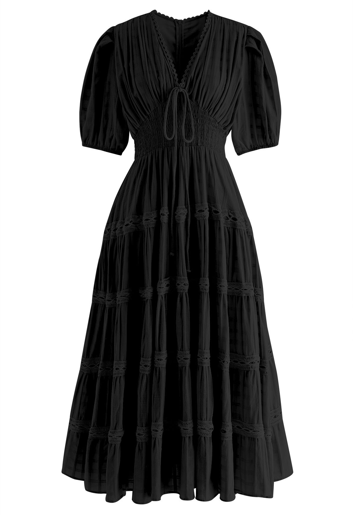 Scalloped V-Neck Checked Midi Dress in Black
