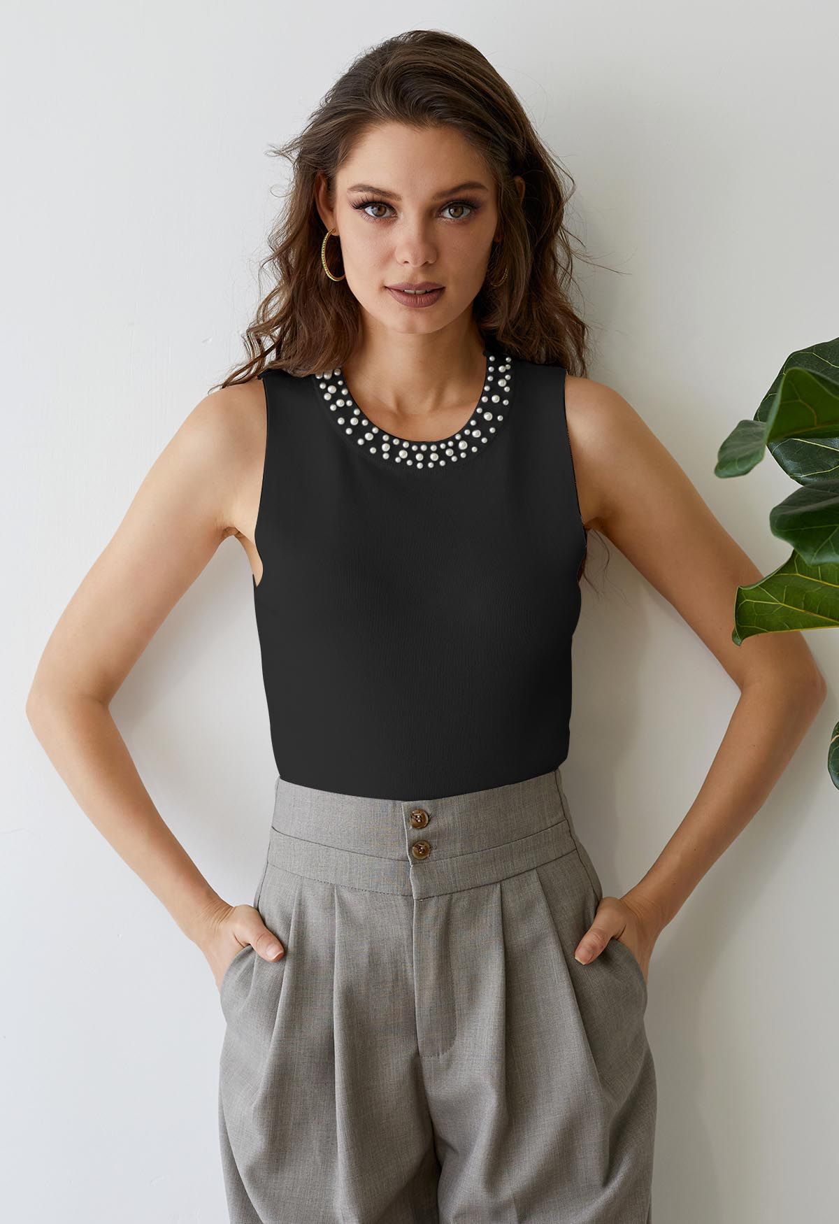 Pearly Neckline Knit Tank Top in Black