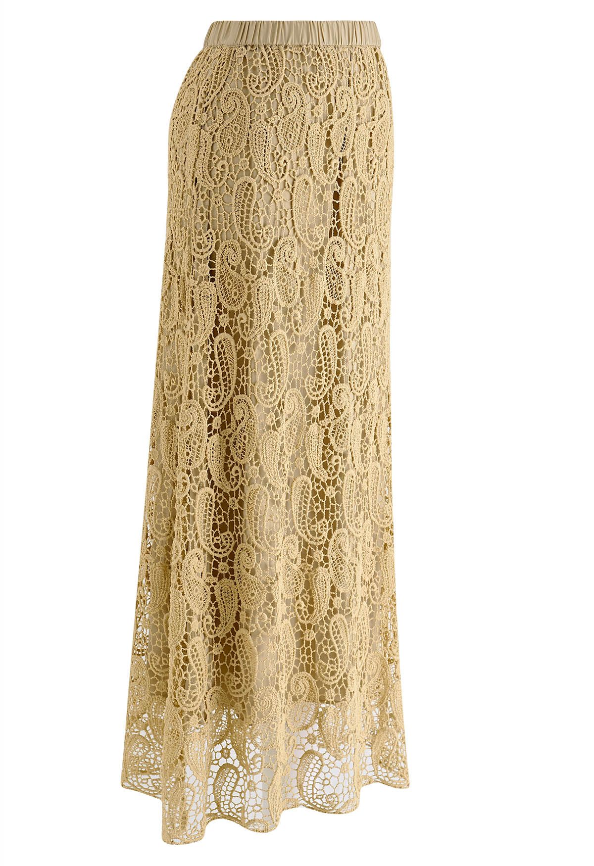 Paisley Cutwork Lace Maxi Skirt in Tan