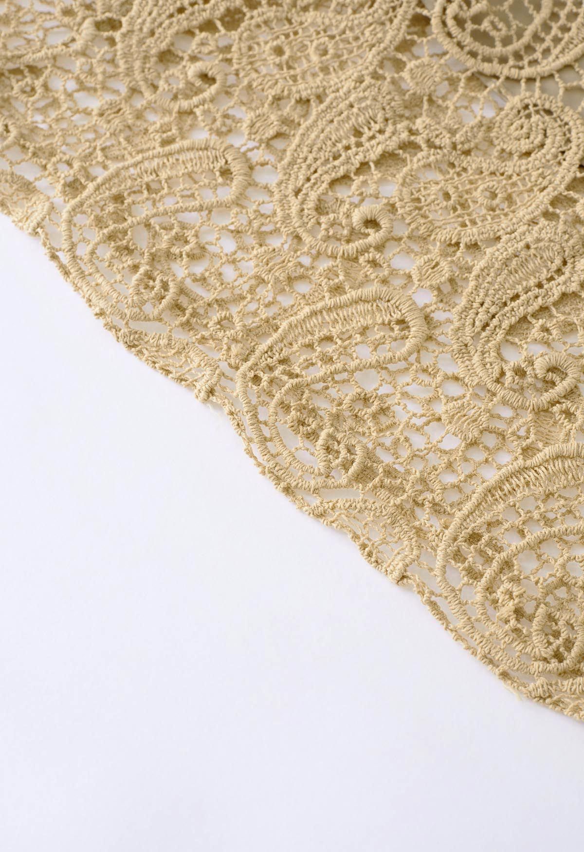 Paisley Cutwork Lace Maxi Skirt in Tan