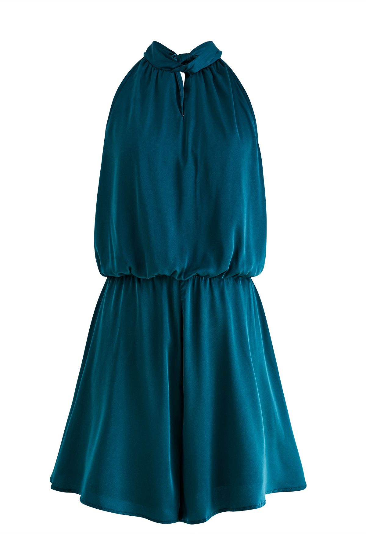 Halter Neck Cutout Satin Playsuit in Teal