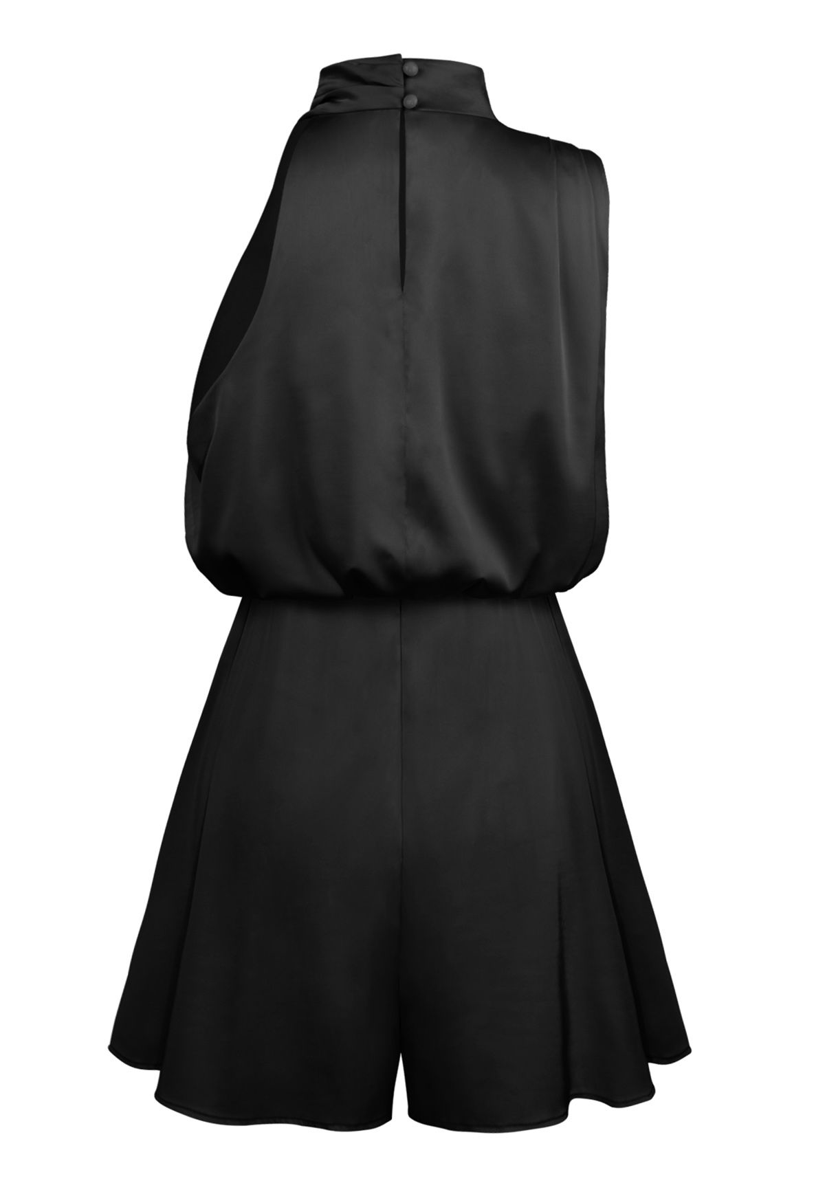 Satin Asymmetric Ruched Neckline Sleeveless Playsuit in Black
