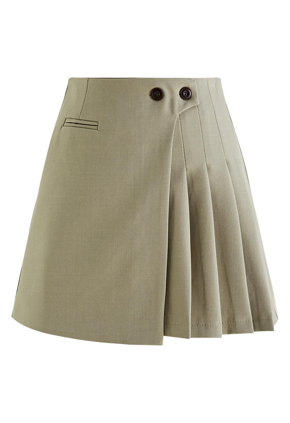 Twin Buttons Pleated Flap Mini Skirt in Khaki