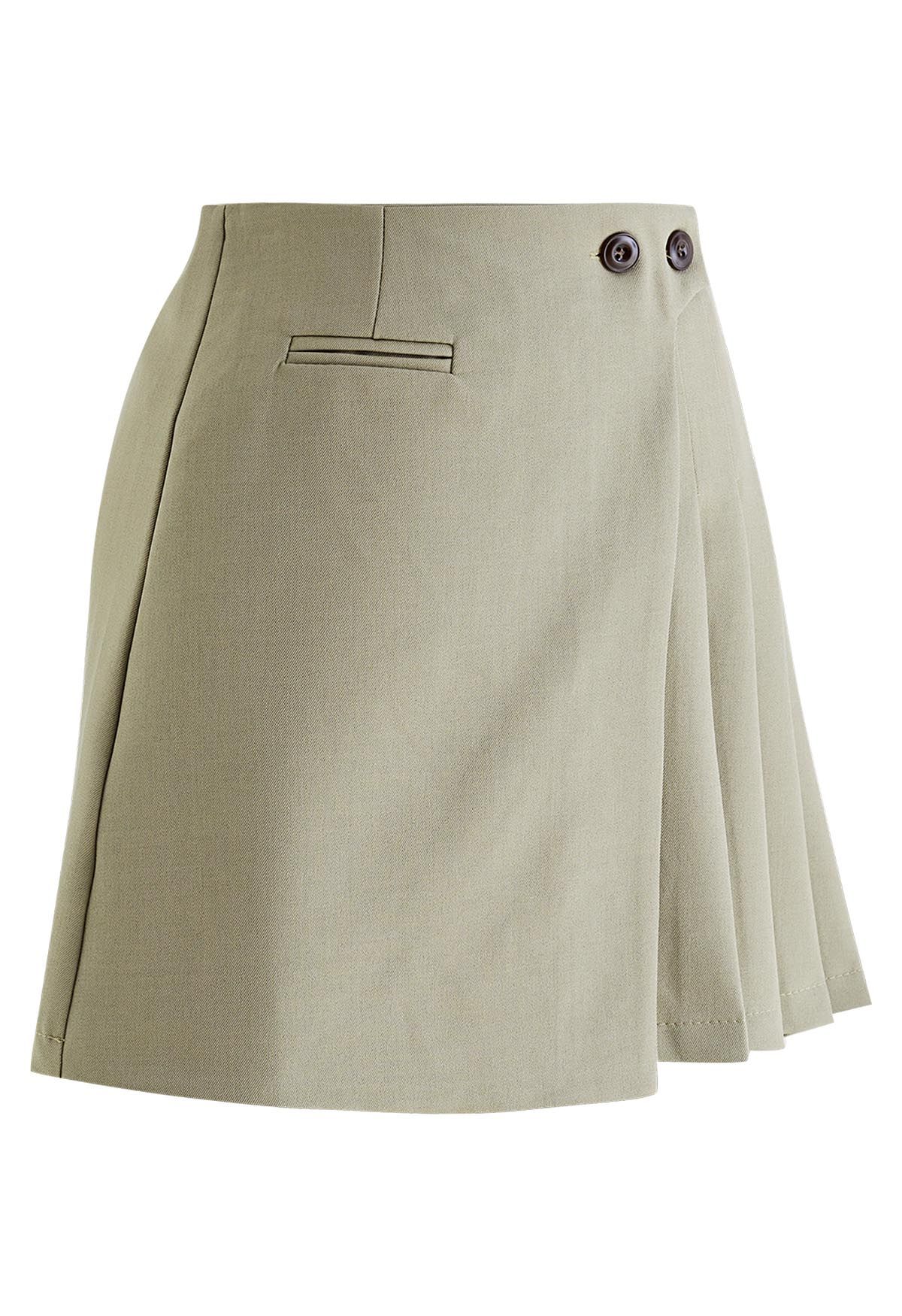 Twin Buttons Pleated Flap Mini Skirt in Khaki