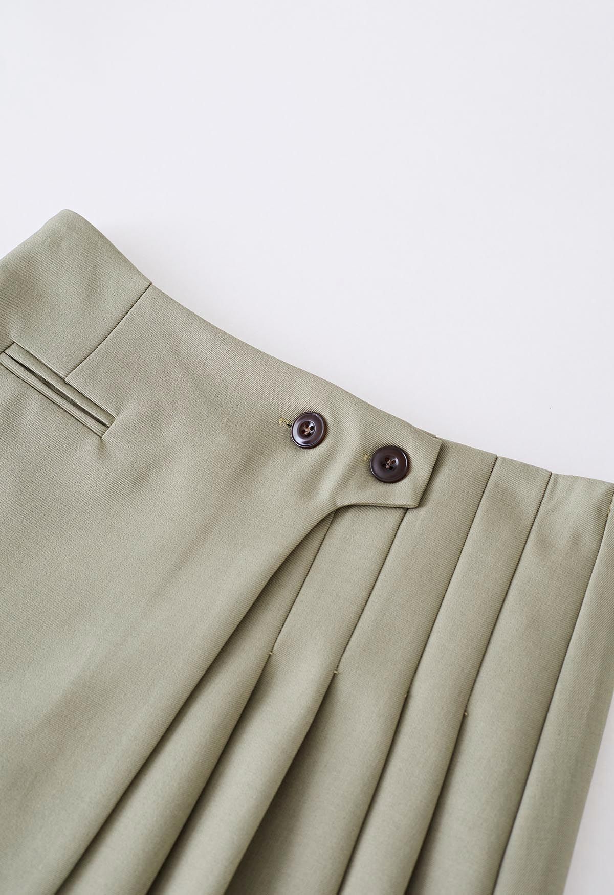 Twin Buttons Pleated Flap Mini Skirt in Khaki