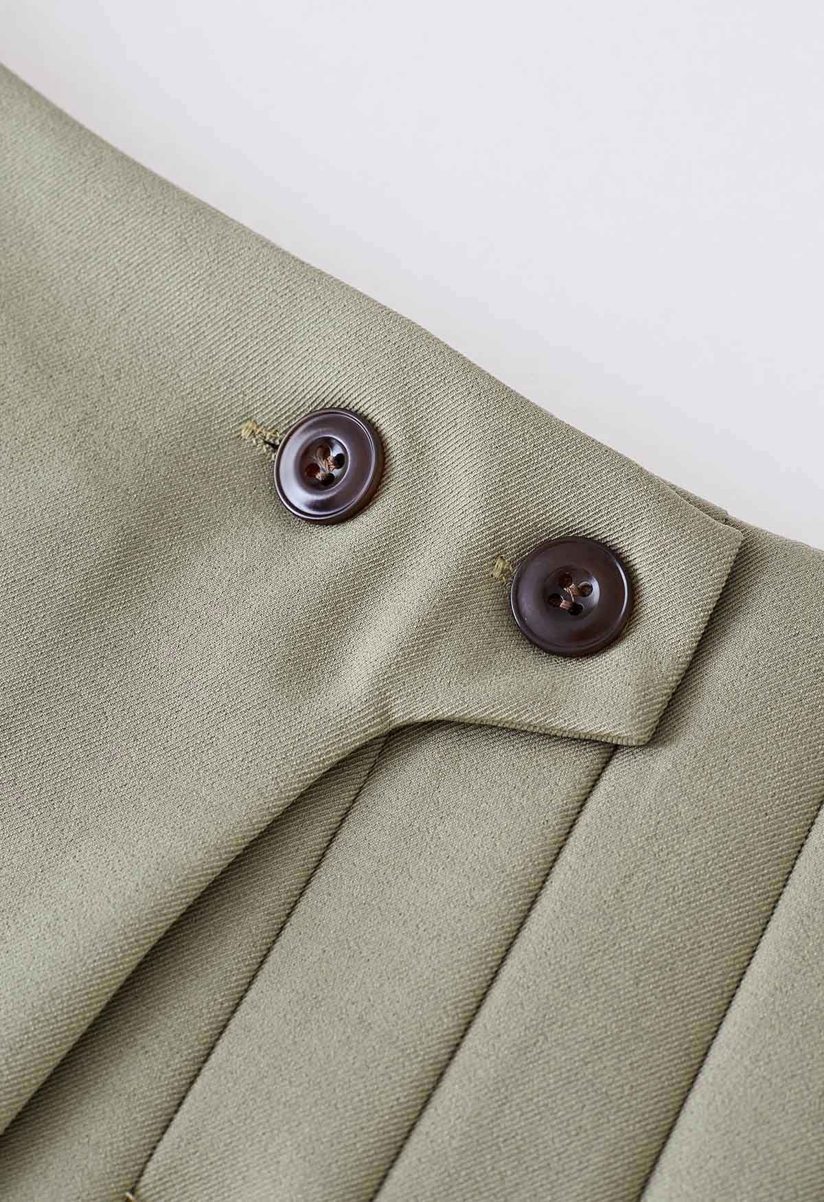 Twin Buttons Pleated Flap Mini Skirt in Khaki