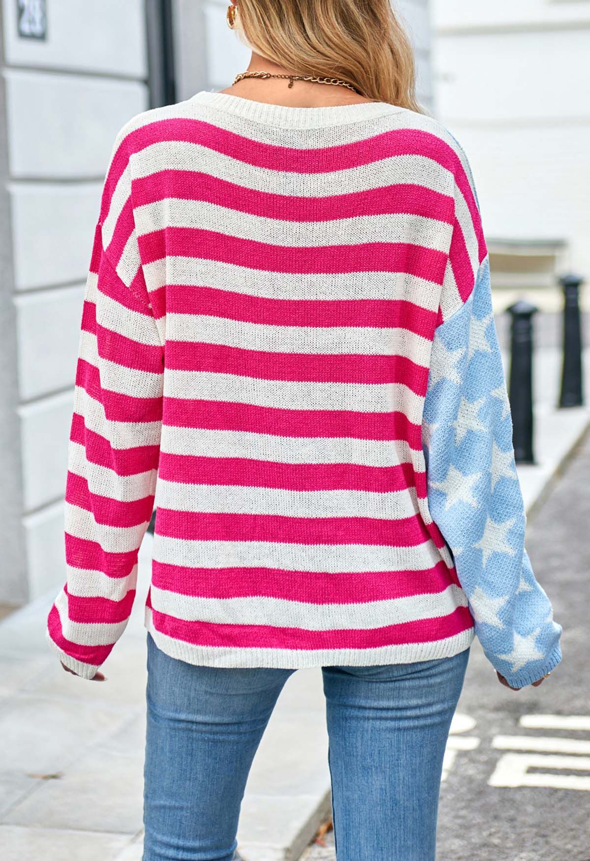 The Stars and The Stripes Printed Knit Sweater in Hot Pink