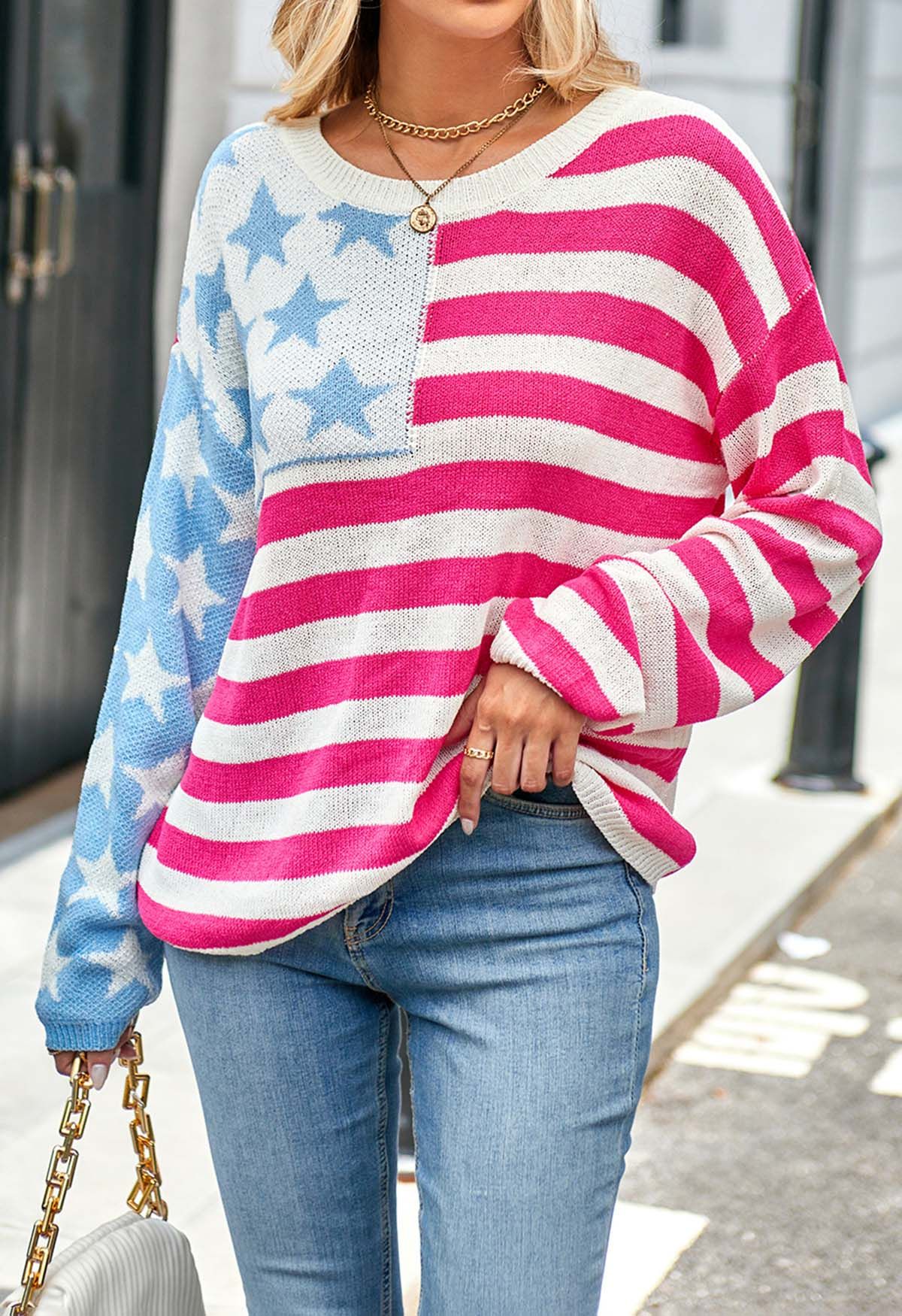 The Stars and The Stripes Printed Knit Sweater in Hot Pink