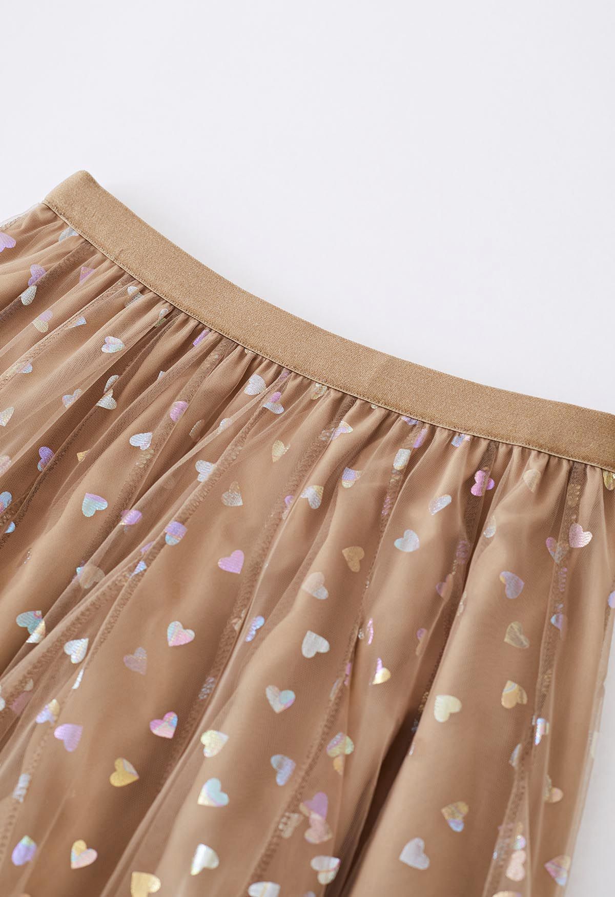 Iridescent Hearts Mesh Tulle Midi Skirt in Tan