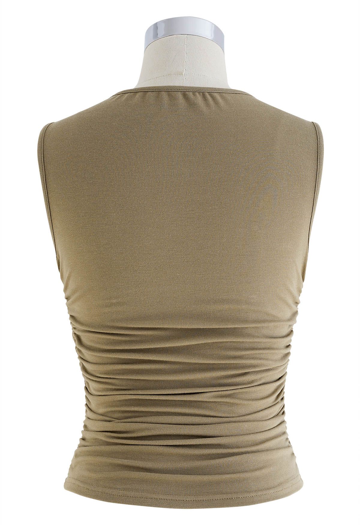 Faux-Wrap Ruched Sleeveless Top in Khaki
