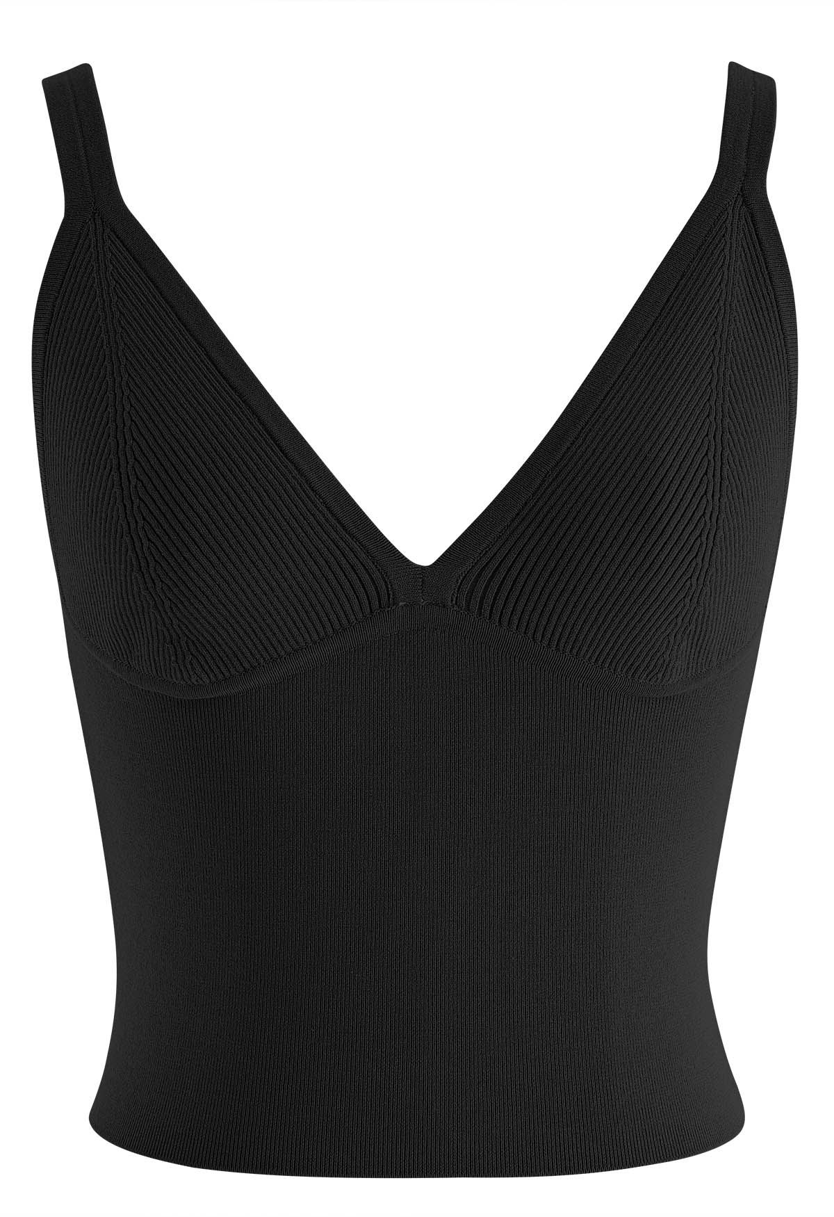 V-Neck Rib Cami Crop Top in Black