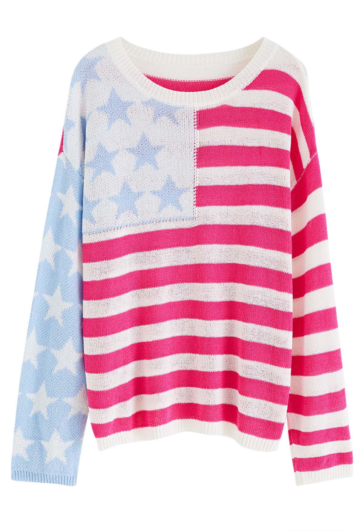 The Stars and The Stripes Printed Knit Sweater in Hot Pink