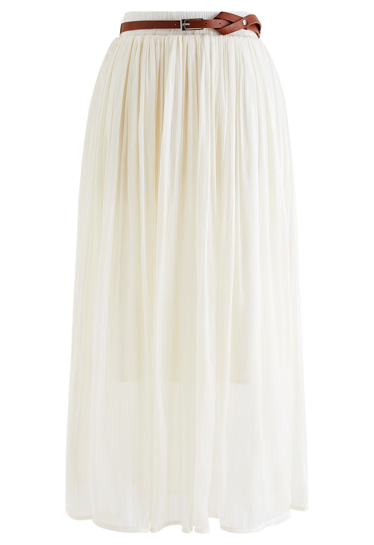 Shimmery Pleated Belt Maxi Skirt in Cream - Retro, Indie and Unique Fashion