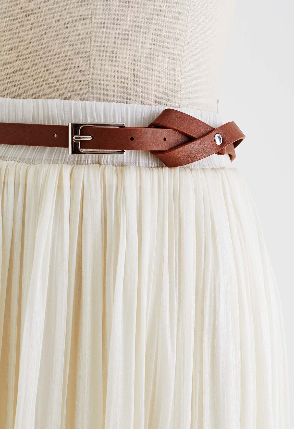 Shimmery Pleated Belt Maxi Skirt in Cream