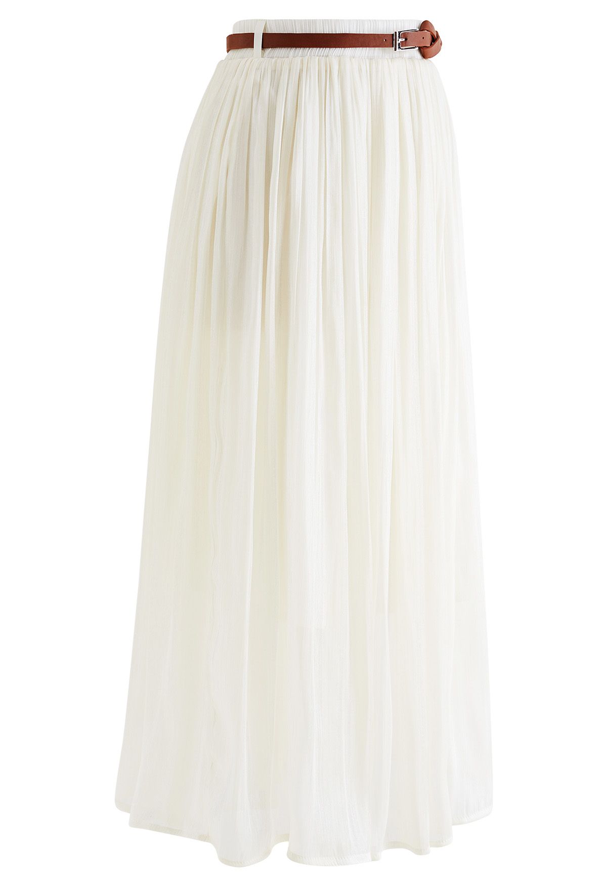 Shimmery Pleated Belt Maxi Skirt in Cream - Retro, Indie and Unique Fashion