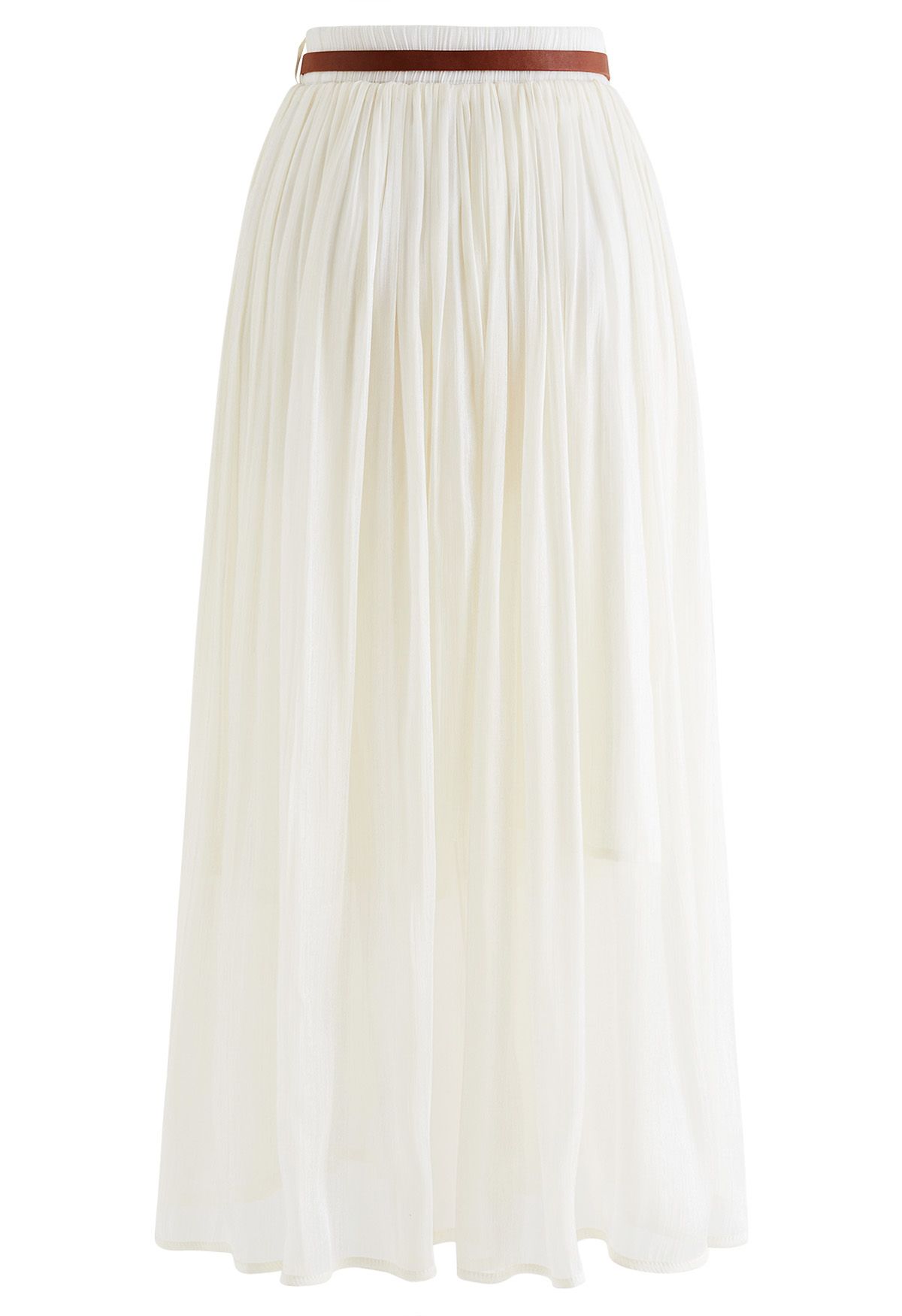 Shimmery Pleated Belt Maxi Skirt in Cream - Retro, Indie and Unique Fashion
