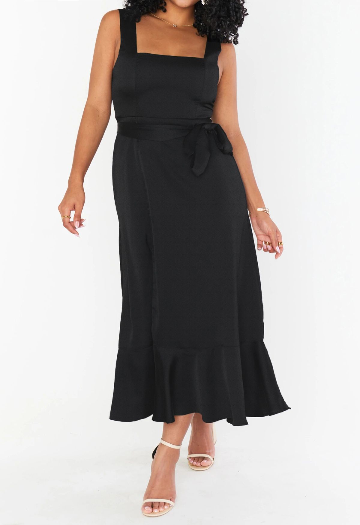 Ruffle Hem Tie-Shoulder Cami Dress in Black
