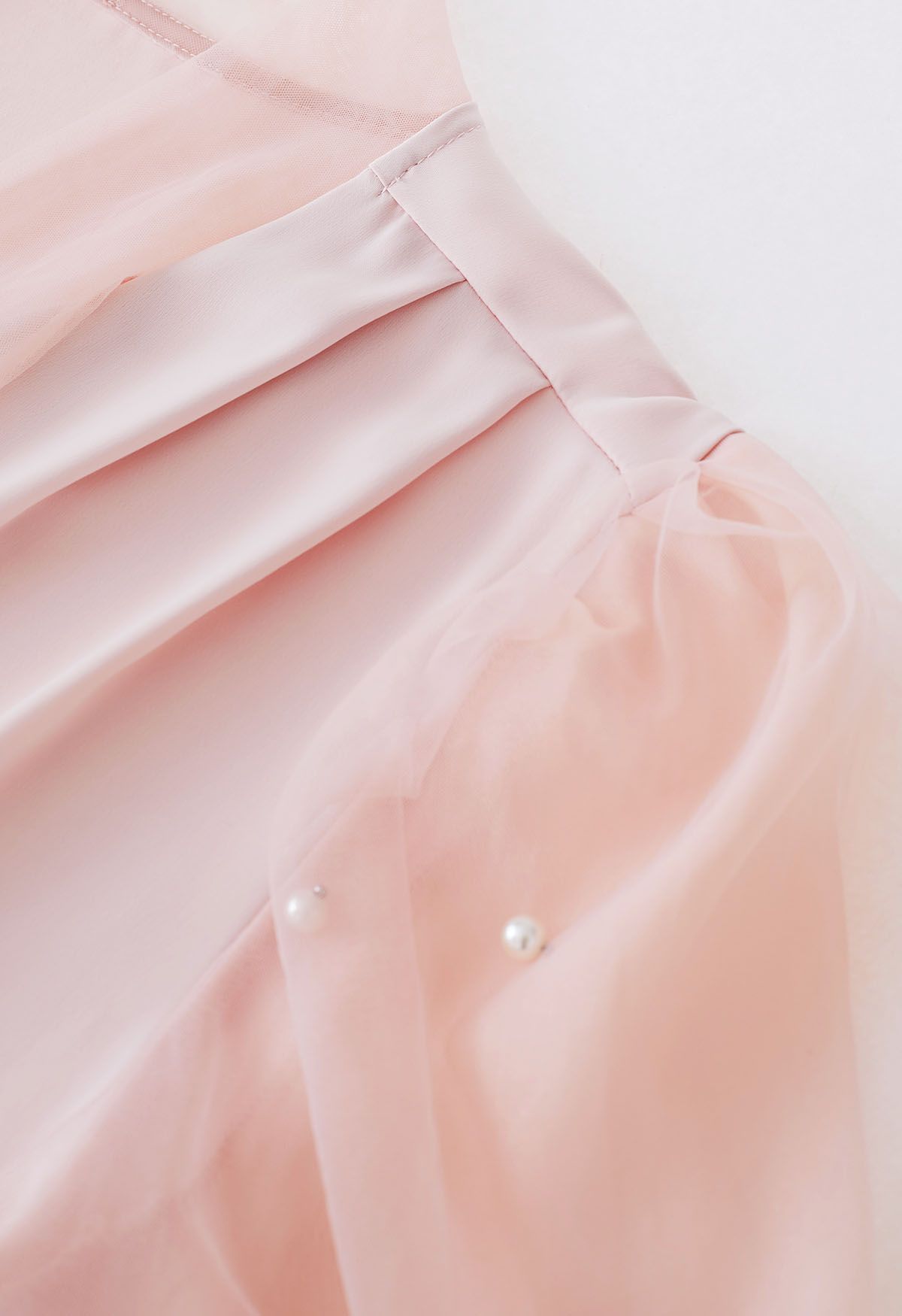 Bowknot Pearly Mesh Sleeve Spliced Satin Shirt in Pink