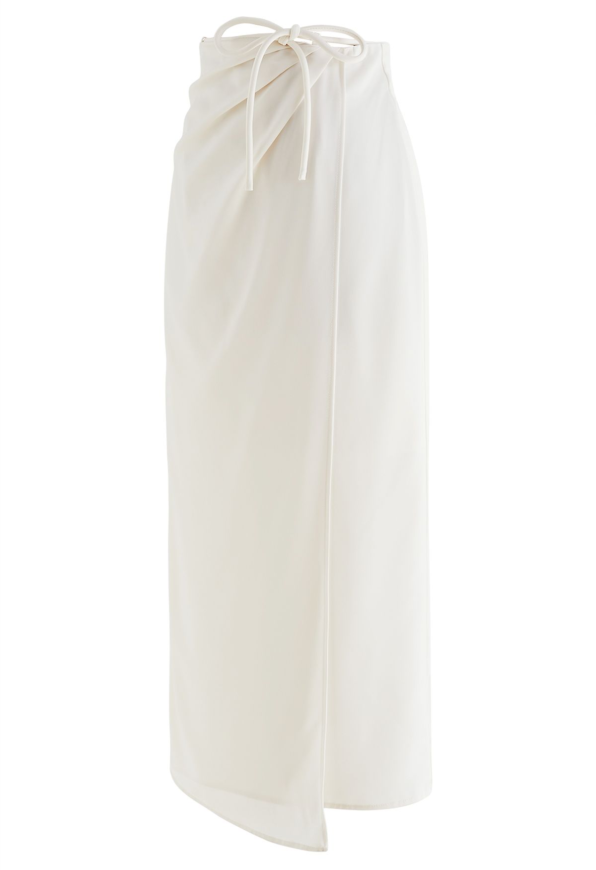 Tie Waist Asymmetric Flap Satin Midi Skirt in Ivory