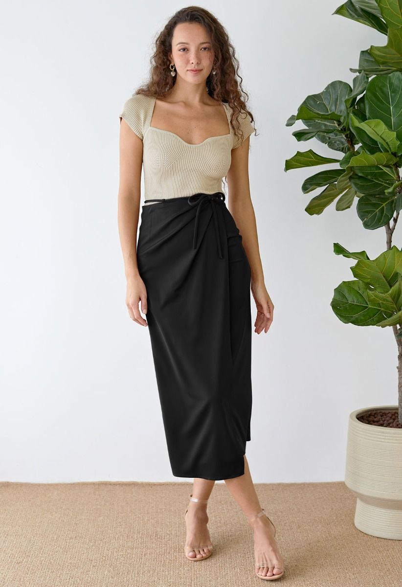 Tie Waist Asymmetric Flap Satin Midi Skirt in Black