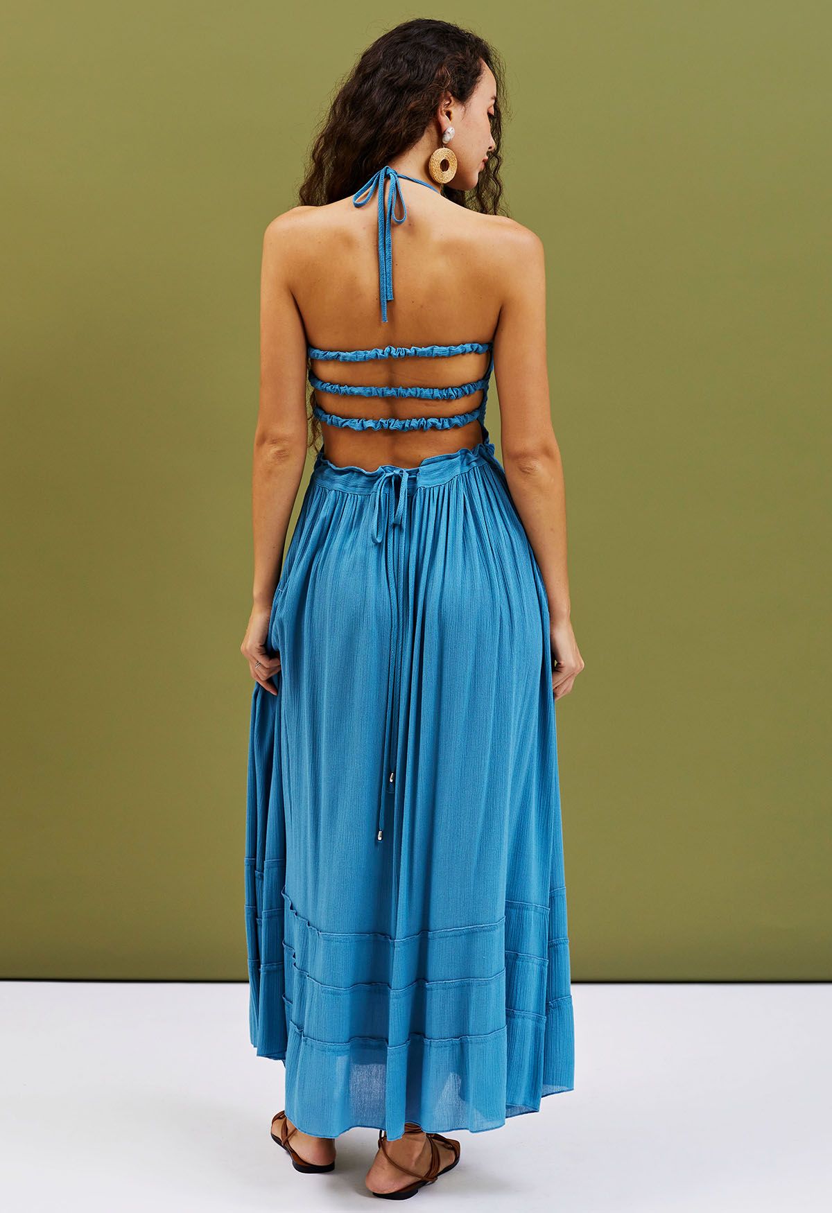 Elastic Straps Open Back Halter Maxi Dress