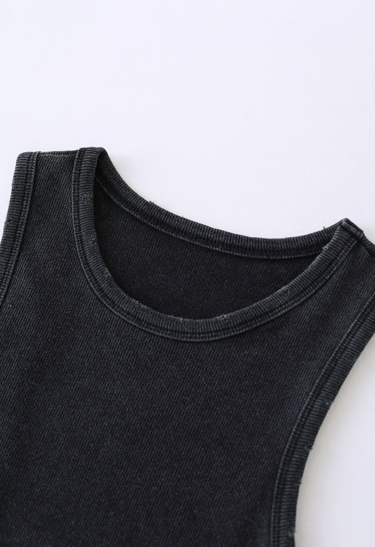 Washed Frayed Edge Ribbed Tank Top in Black