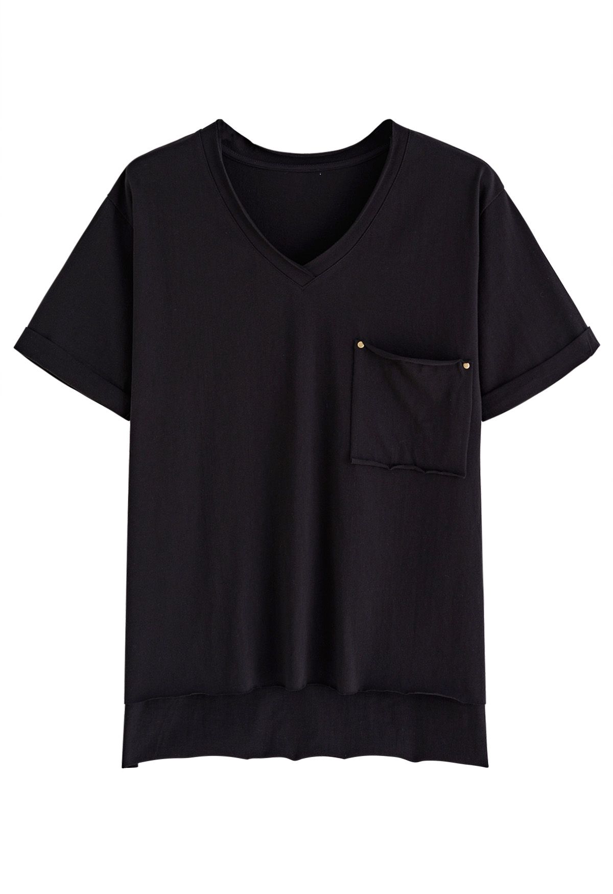 V-Neck Patch Pocket Raw-Cut T-Shirt in Black