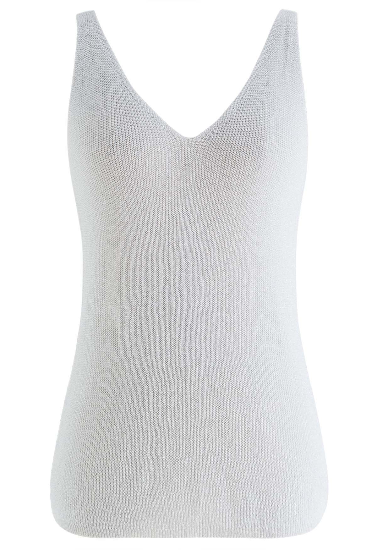 V-Neck Shimmer Knit Tank Top in Silver