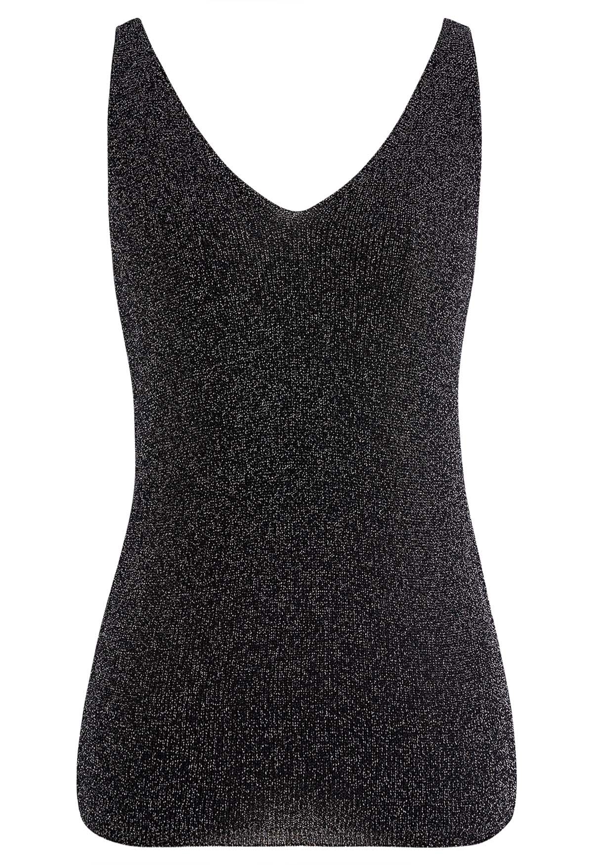 V-Neck Shimmer Knit Tank Top in Black