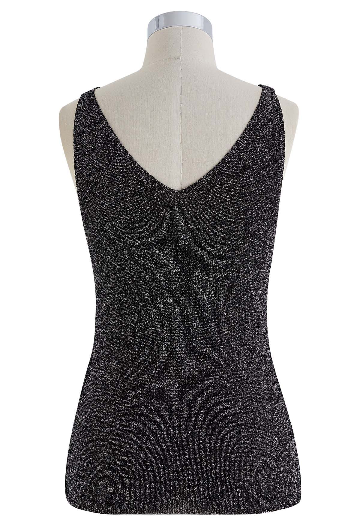 V-Neck Shimmer Knit Tank Top in Black