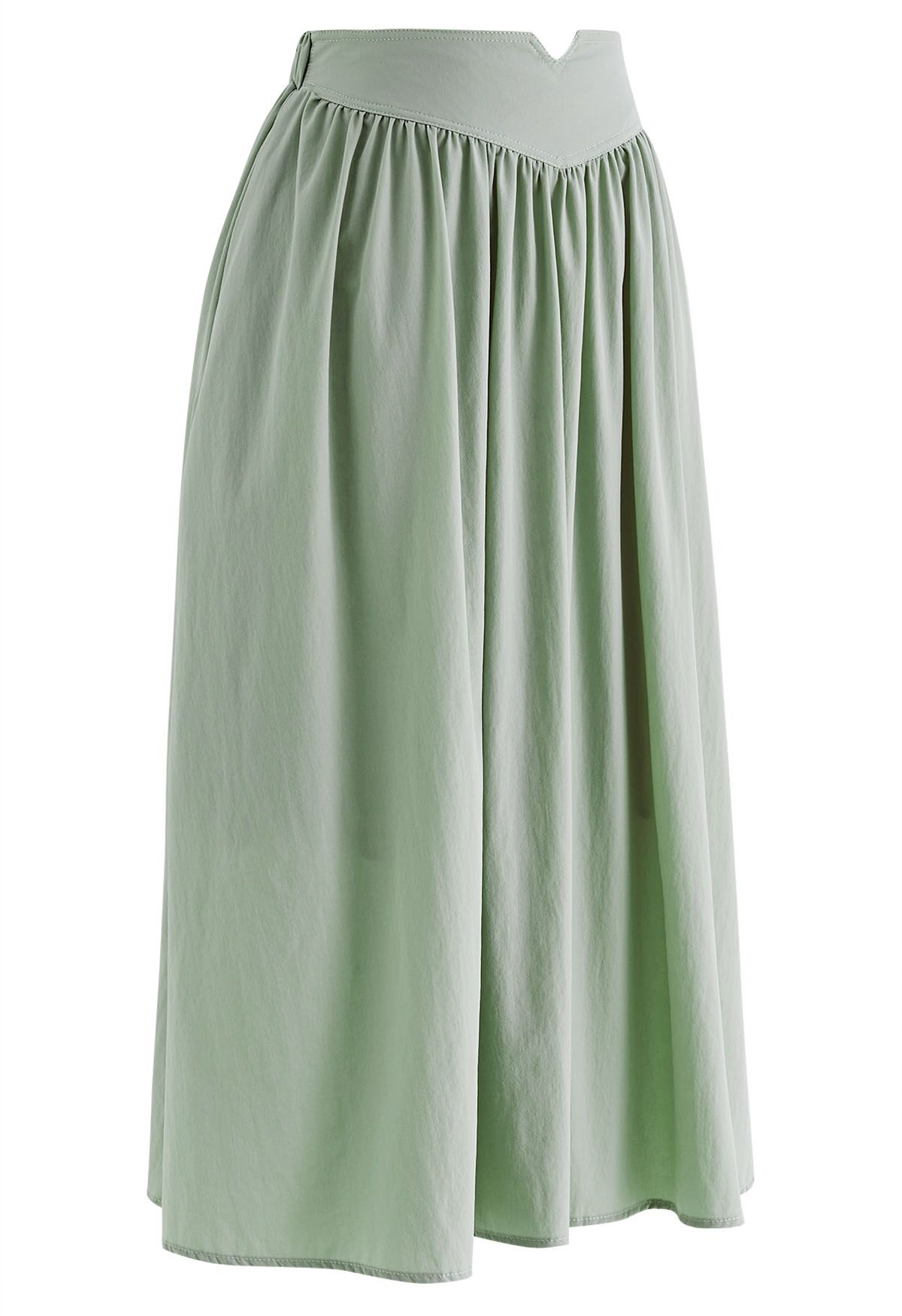 Notched Waist Flare Midi Skirt in Pea Green