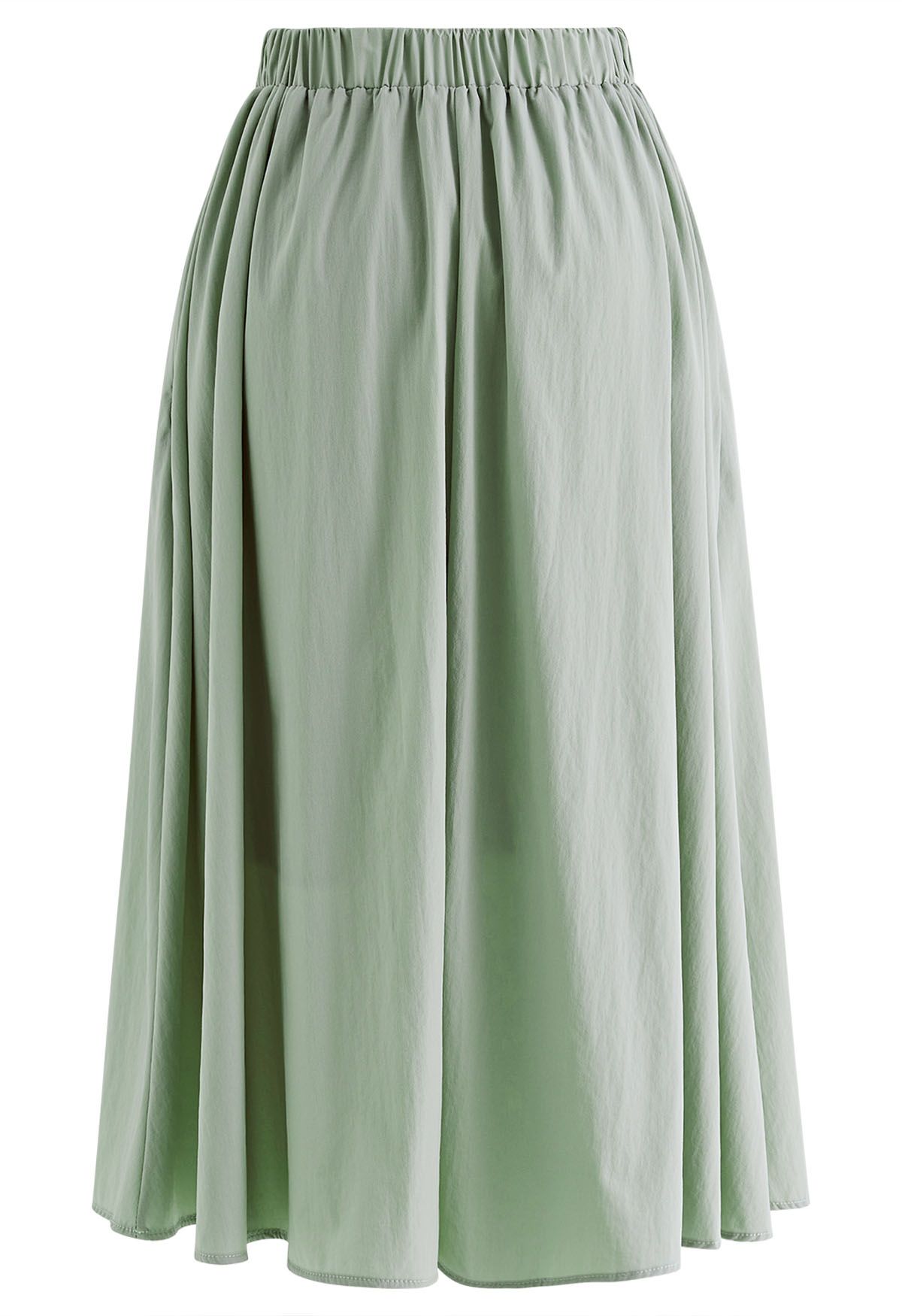 Notched Waist Flare Midi Skirt in Pea Green