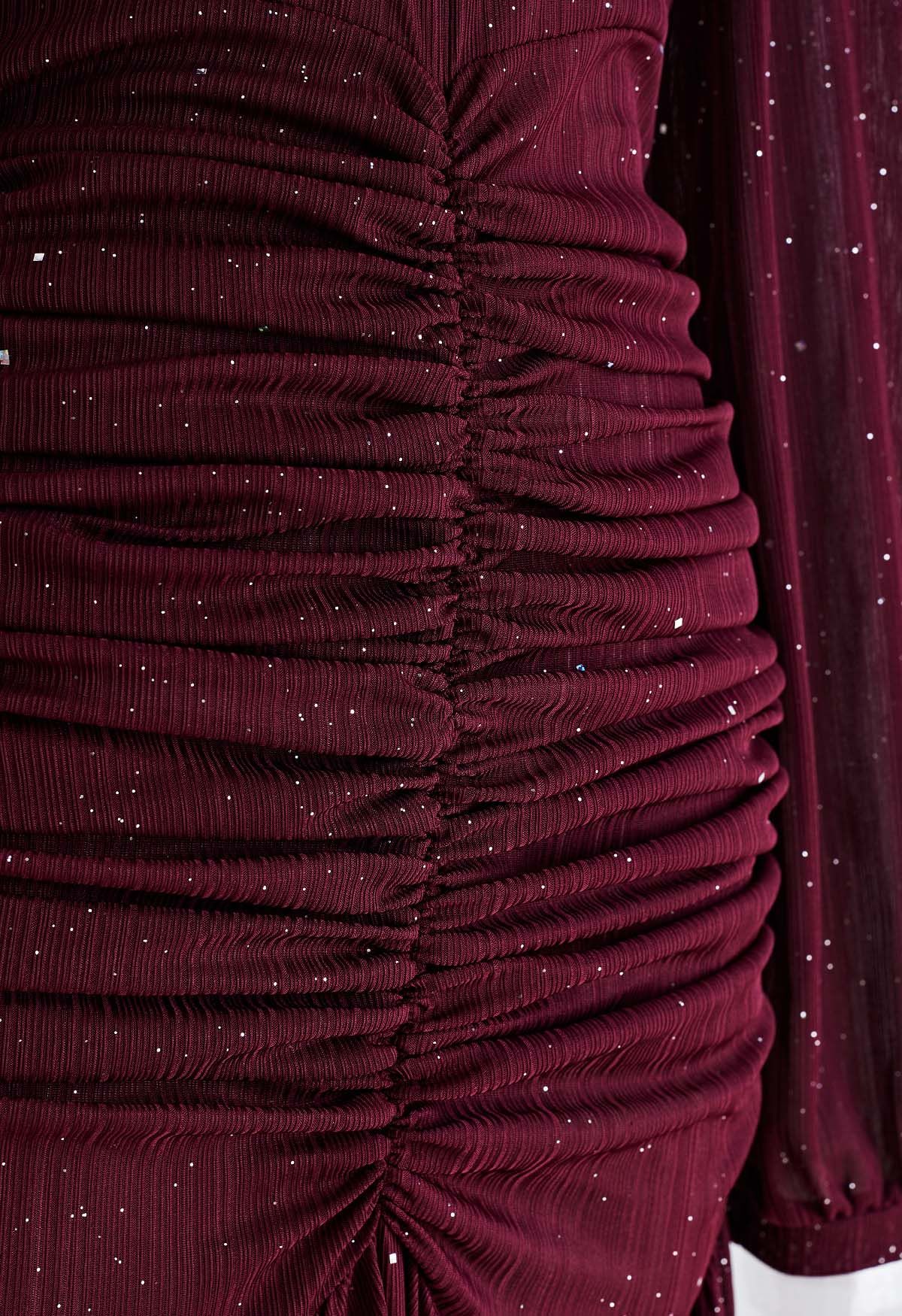 Glitter Ruched Frilling Maxi Dress in Burgundy