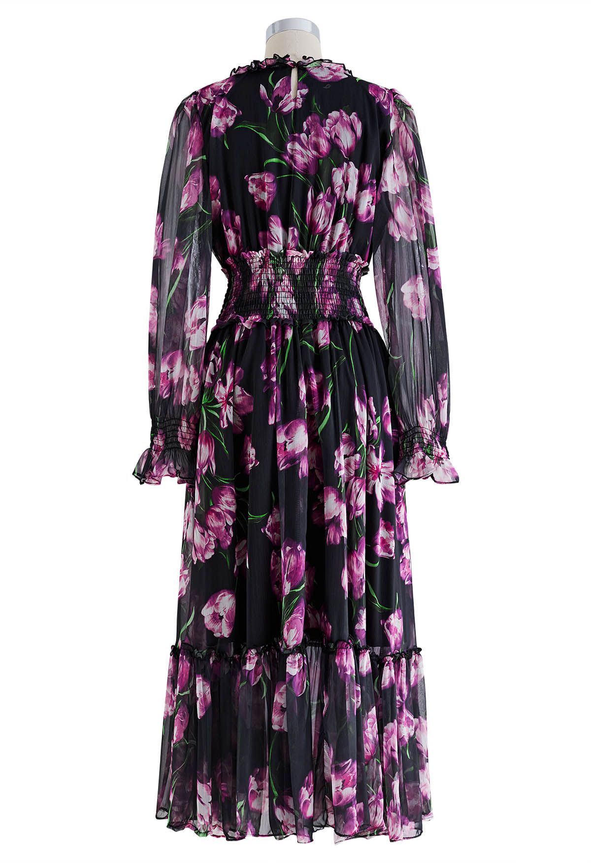 Violet Floral Shirred Waist Chiffon Dress