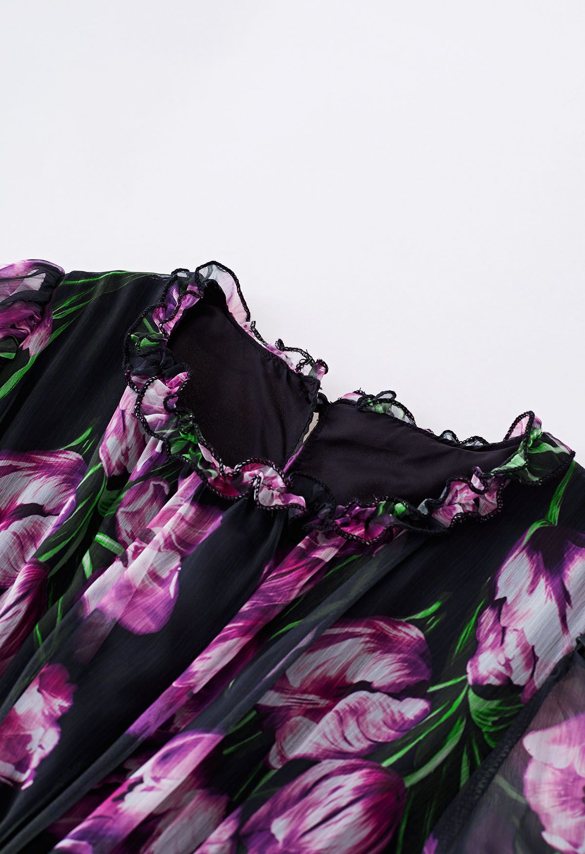 Violet Floral Shirred Waist Chiffon Dress