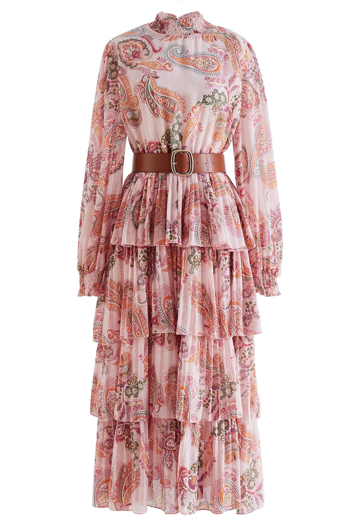 Paisley Printed Belted Tiered Chiffon Dress in Pink