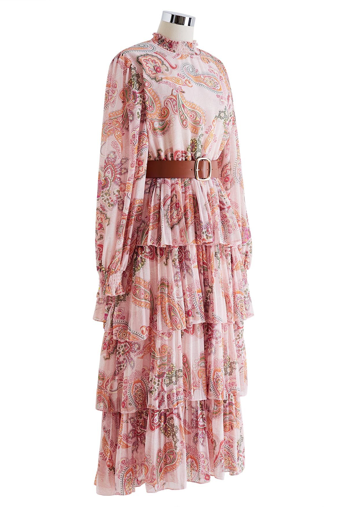 Paisley Printed Belted Tiered Chiffon Dress in Pink