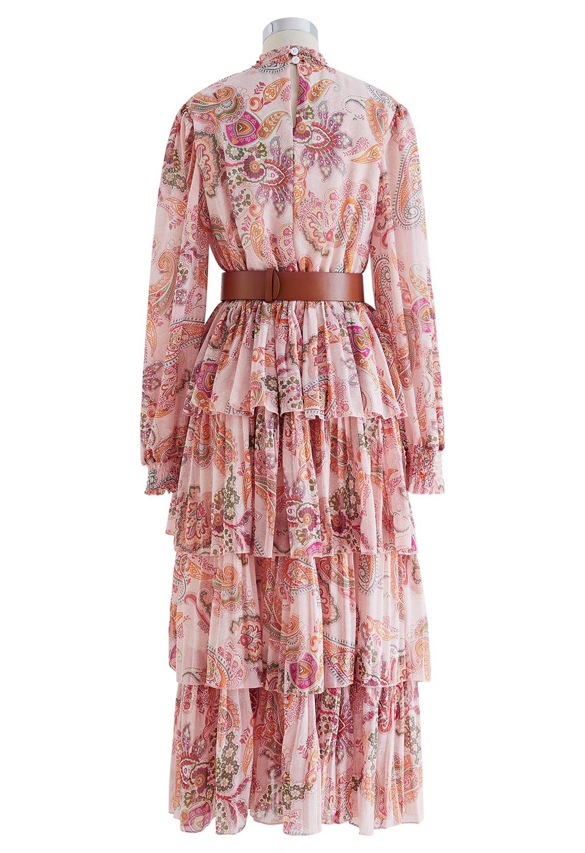 Paisley Printed Belted Tiered Chiffon Dress in Pink